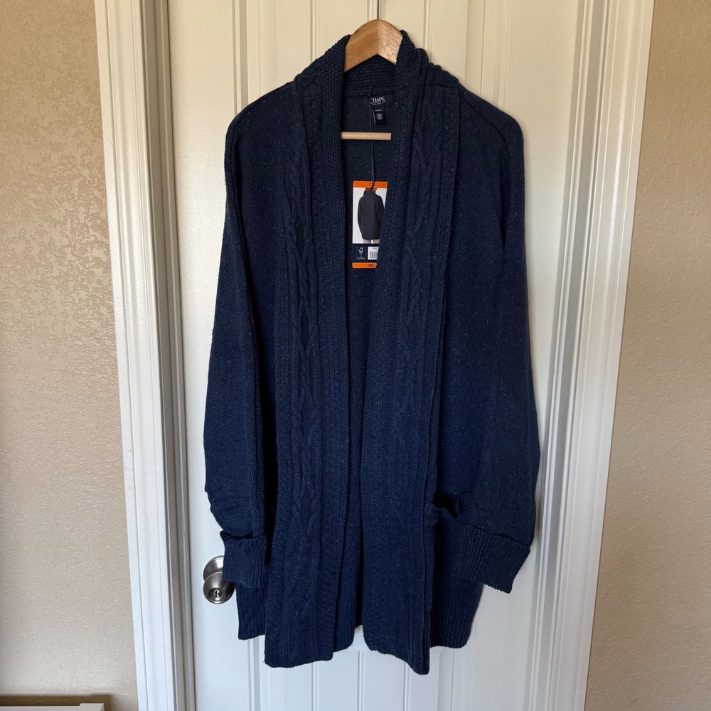 Chaps Cable Neck Cardigan Women XXL Navy Blue NWT Marled Open Front Sweater - Picture 2 of 8